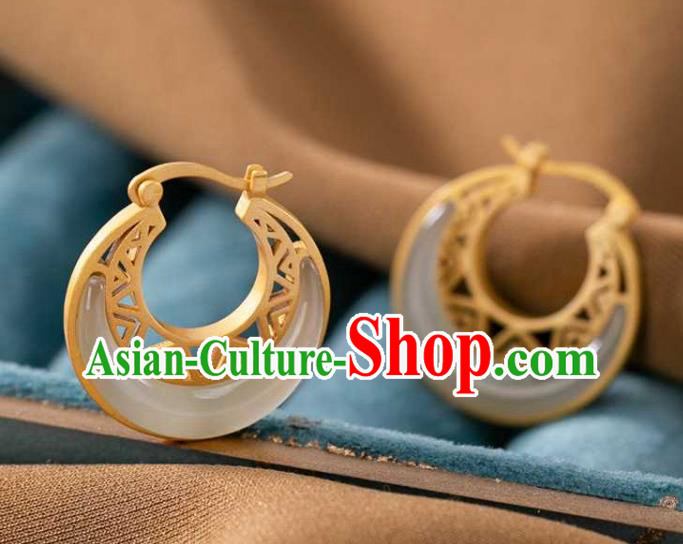 Handmade Chinese Cheongsam Golden Ear Accessories Traditional Jade Moon Earrings