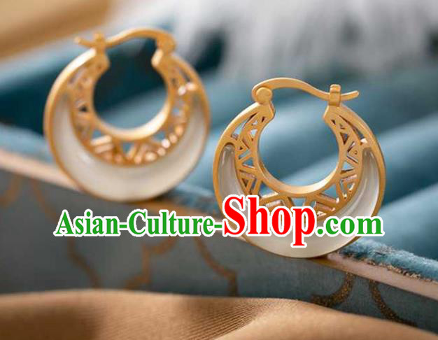 Handmade Chinese Cheongsam Golden Ear Accessories Traditional Jade Moon Earrings