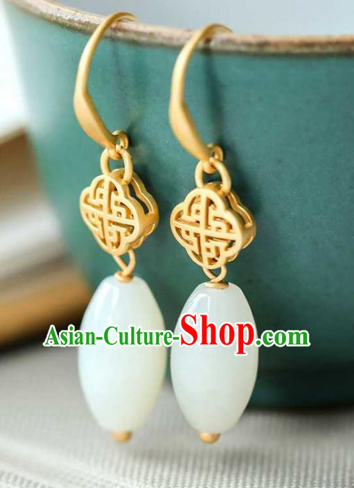 Handmade Chinese Cheongsam White Jade Ear Accessories Traditional Golden Earrings
