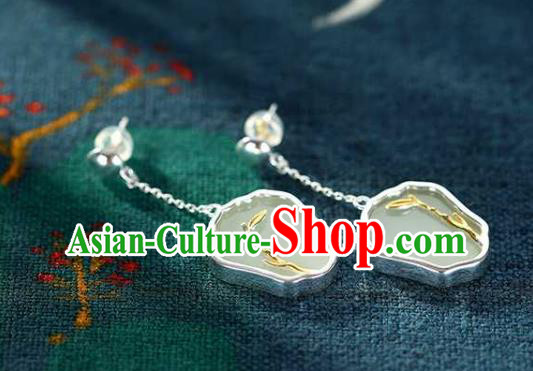 Handmade Chinese Cheongsam White Jade Fan Ear Accessories Traditional Silver Earrings