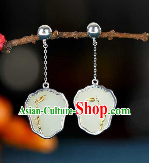 Handmade Chinese Cheongsam White Jade Fan Ear Accessories Traditional Silver Earrings