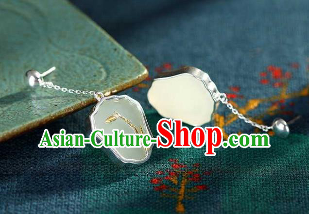 Handmade Chinese Cheongsam White Jade Fan Ear Accessories Traditional Silver Earrings