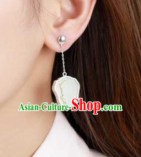 Handmade Chinese Cheongsam White Jade Fan Ear Accessories Traditional Silver Earrings