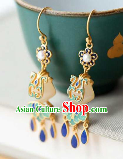 Handmade Chinese Cheongsam Jade Fan Ear Accessories Traditional Qing Dynasty Cloisonne Earrings