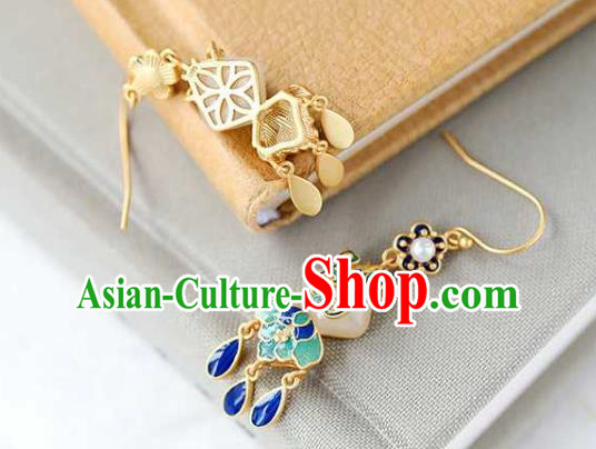 Handmade Chinese Cheongsam Jade Fan Ear Accessories Traditional Qing Dynasty Cloisonne Earrings