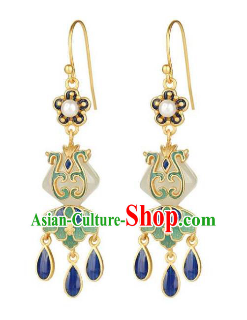 Handmade Chinese Cheongsam Jade Fan Ear Accessories Traditional Qing Dynasty Cloisonne Earrings