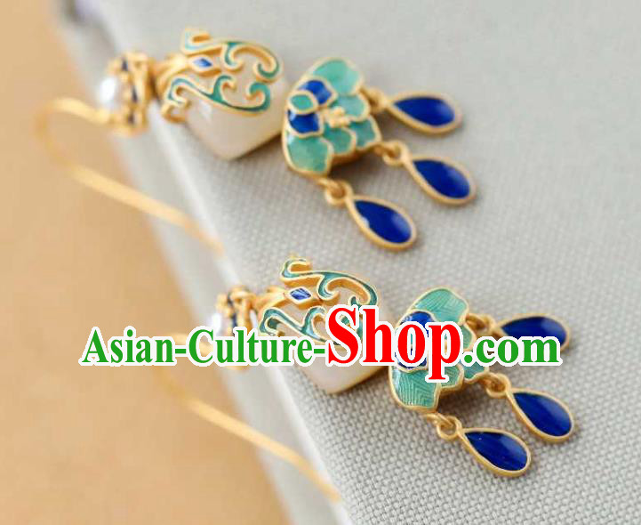 Handmade Chinese Cheongsam Jade Fan Ear Accessories Traditional Qing Dynasty Cloisonne Earrings