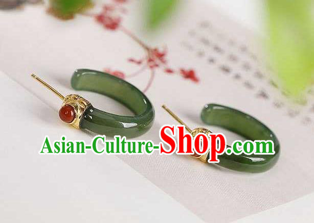 Handmade Chinese Cheongsam Agate Ear Accessories Traditional Green Jade Earrings