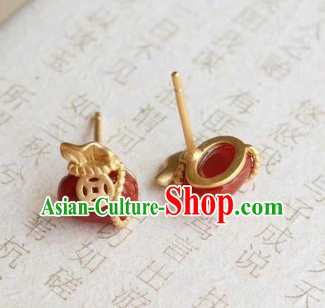 Handmade Chinese Agate Ear Accessories Traditional Cheongsam Golden Copper Earrings