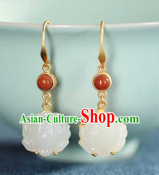 Handmade Chinese White Jade Lotus Ear Accessories Traditional Cheongsam Agate Earrings