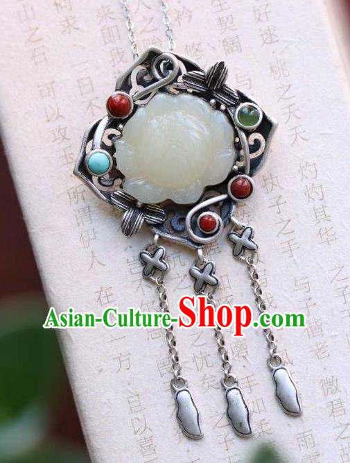 China Classical Cheongsam Silver Tassel Pendant Accessories Traditional Jade Lotus Necklace