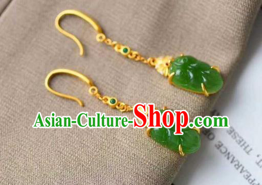 Handmade Chinese Jadeite Leaf Ear Accessories Traditional Cheongsam Golden Earrings