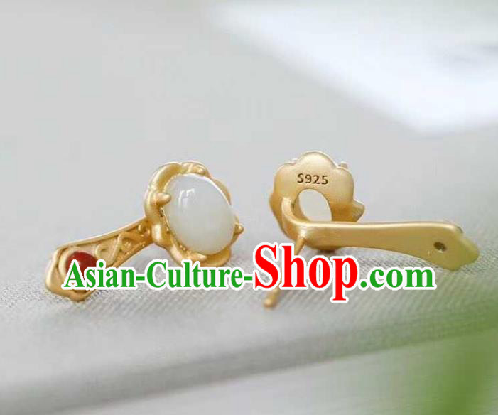 Handmade Chinese Golden Ear Accessories Traditional Cheongsam Hetian Jade Earrings