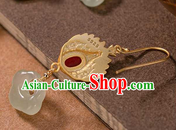 Handmade Chinese Jade Lock Ear Accessories Traditional Cheongsam Golden Phoenix Earrings