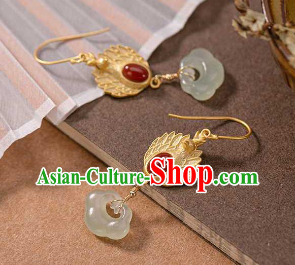 Handmade Chinese Jade Lock Ear Accessories Traditional Cheongsam Golden Phoenix Earrings