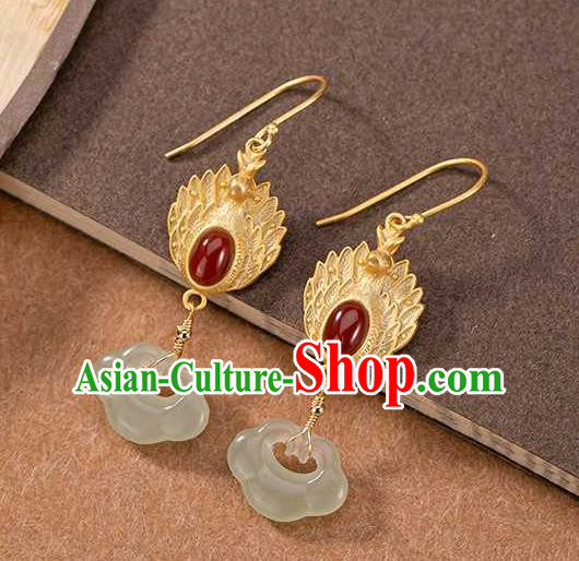 Handmade Chinese Jade Lock Ear Accessories Traditional Cheongsam Golden Phoenix Earrings