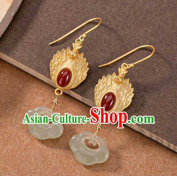 Handmade Chinese Jade Lock Ear Accessories Traditional Cheongsam Golden Phoenix Earrings