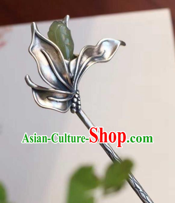 China Classical Silver Hair Stick Traditional Hair Accessories Handmade Jade Mangnolia Hairpin