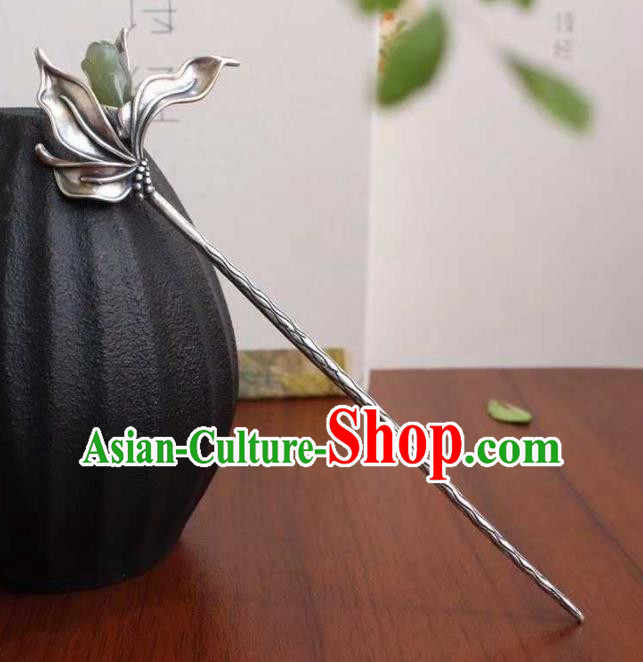 China Classical Silver Hair Stick Traditional Hair Accessories Handmade Jade Mangnolia Hairpin
