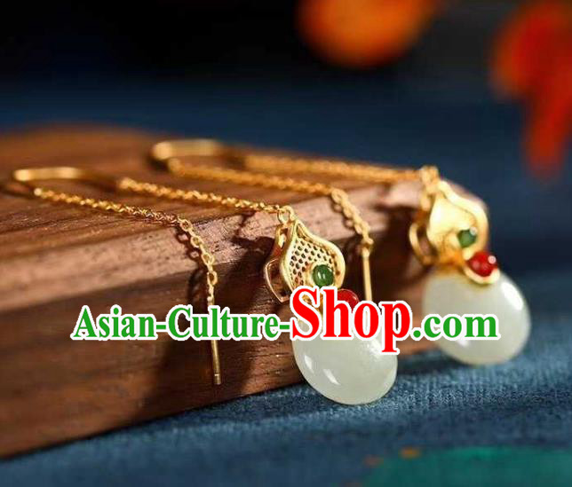 Handmade Chinese Golden Gems Ear Accessories Traditional Cheongsam Jade Gourd Earrings
