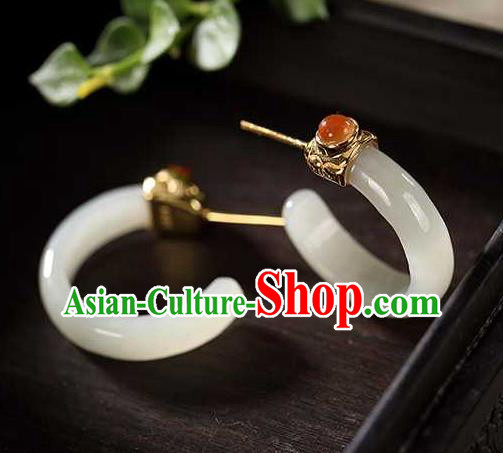Handmade Chinese Qing Dynasty Ear Accessories Traditional Cheongsam White Jade Earrings