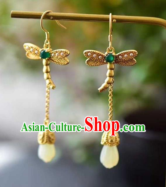 Handmade Chinese Jade Mangnolia Ear Accessories Traditional Cheongsam Golden Dragonfly Earrings