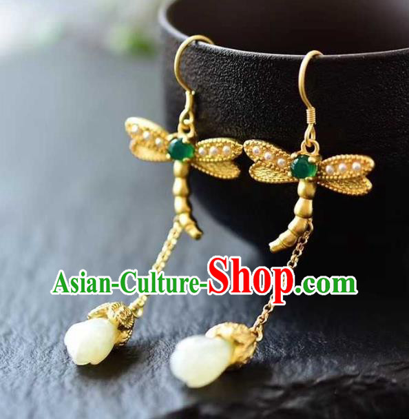 Handmade Chinese Jade Mangnolia Ear Accessories Traditional Cheongsam Golden Dragonfly Earrings