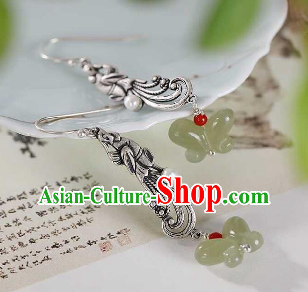 Handmade Chinese Silver Phoenix Ear Accessories Traditional Cheongsam Jade Butterfly Earrings