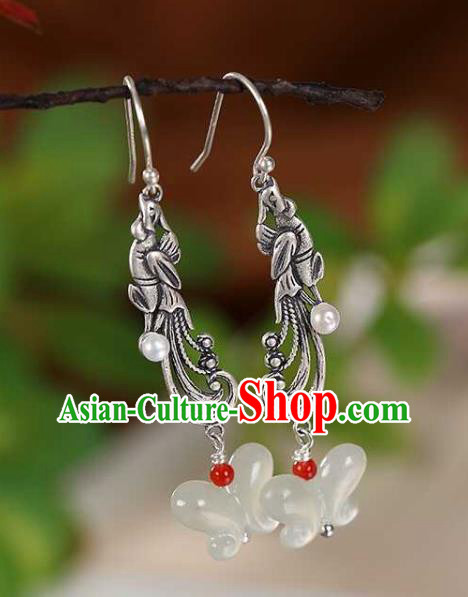 Handmade Chinese Silver Phoenix Ear Accessories Traditional Cheongsam Jade Butterfly Earrings