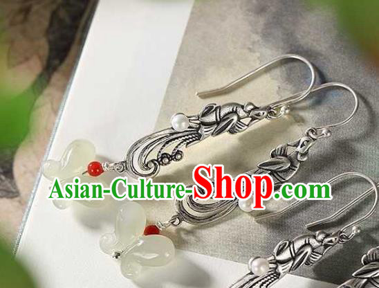 Handmade Chinese Silver Phoenix Ear Accessories Traditional Cheongsam Jade Butterfly Earrings