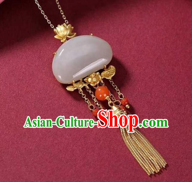 China Classical Cheongsam Golden Lotus Tassel Pendant Accessories Traditional Jade Necklace Jewelry