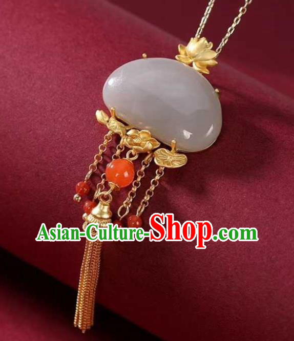 China Classical Cheongsam Golden Lotus Tassel Pendant Accessories Traditional Jade Necklace Jewelry