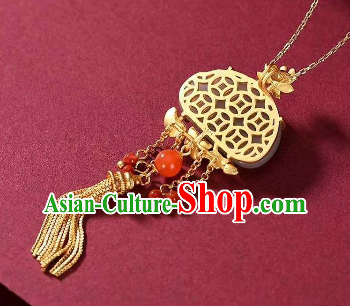 China Classical Cheongsam Golden Lotus Tassel Pendant Accessories Traditional Jade Necklace Jewelry