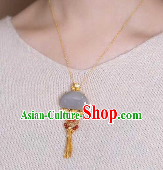 China Classical Cheongsam Golden Lotus Tassel Pendant Accessories Traditional Jade Necklace Jewelry