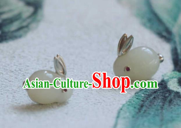 Handmade Chinese Hetian Jade Rabbit Ear Accessories Traditional Silver Earrings