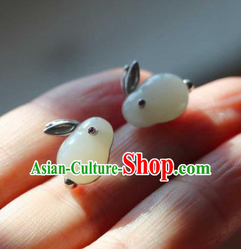 Handmade Chinese Hetian Jade Rabbit Ear Accessories Traditional Silver Earrings