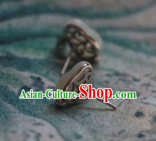 Handmade Chinese Hetian Jade Rabbit Ear Accessories Traditional Silver Earrings