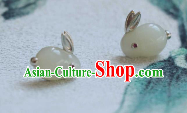 Handmade Chinese Hetian Jade Rabbit Ear Accessories Traditional Silver Earrings