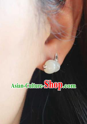 Handmade Chinese Hetian Jade Rabbit Ear Accessories Traditional Silver Earrings