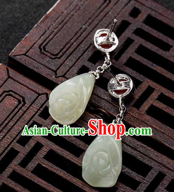 Handmade Chinese Traditional Cheongsam Jade Mangnolia Earrings National Ear Accessories