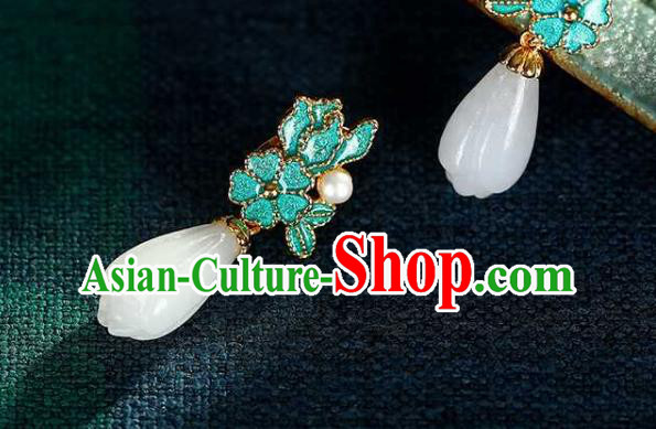 Handmade Chinese Jade Mangnolia Ear Accessories Traditional Cheongsam Cloisonne Earrings