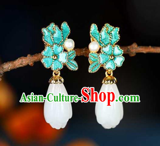 Handmade Chinese Jade Mangnolia Ear Accessories Traditional Cheongsam Cloisonne Earrings