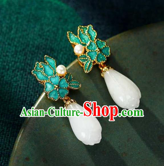 Handmade Chinese Jade Mangnolia Ear Accessories Traditional Cheongsam Cloisonne Earrings