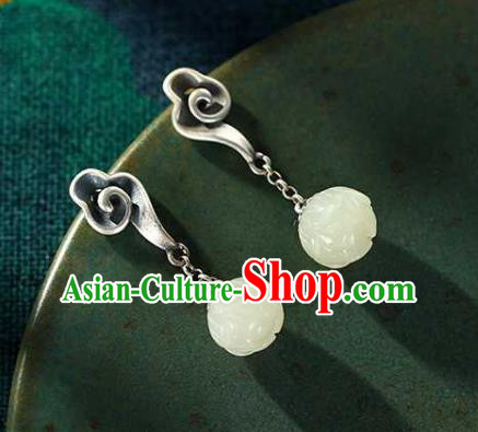 Chinese Traditional Cheongsam Jade Lotus Earrings Handmade National Silver Cloud Ear Accessories