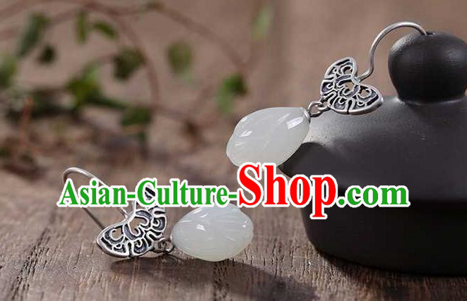 Handmade Chinese Silver Ear Accessories Traditional Cheongsam Jade Mangnolia Earrings