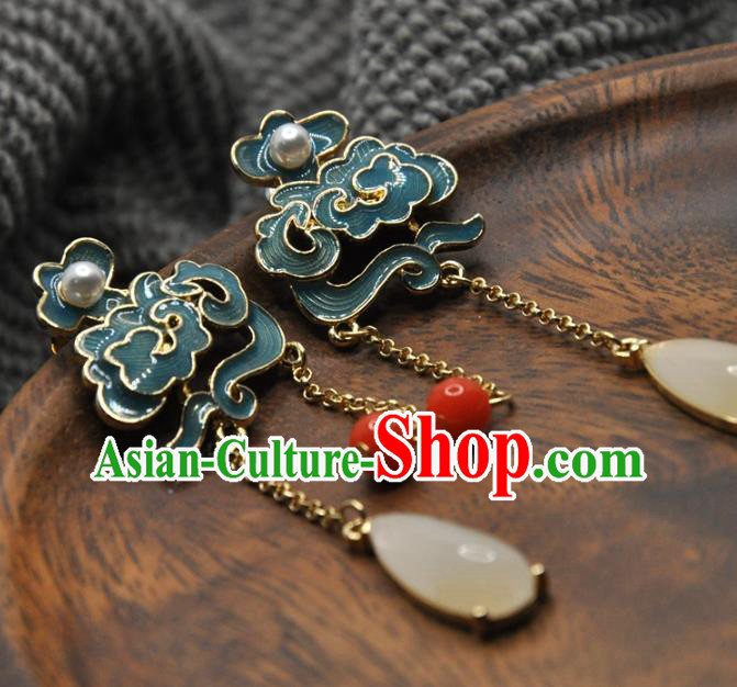 Chinese Traditional Qing Dynasty Palace Earrings Handmade Hanfu Jade Tassel Ear Accessories