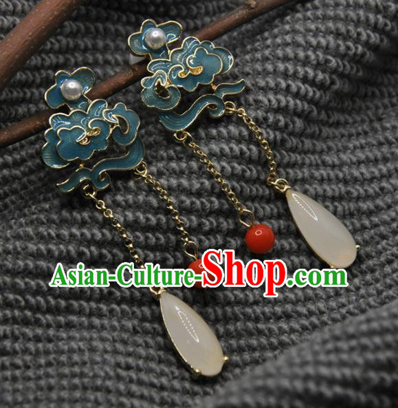 Chinese Traditional Qing Dynasty Palace Earrings Handmade Hanfu Jade Tassel Ear Accessories