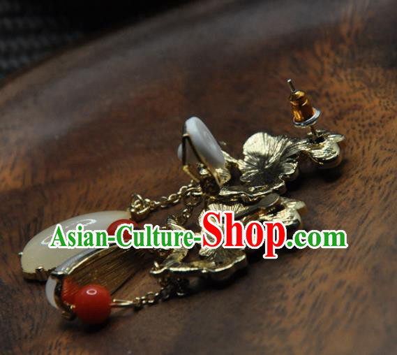 Chinese Traditional Qing Dynasty Palace Earrings Handmade Hanfu Jade Tassel Ear Accessories