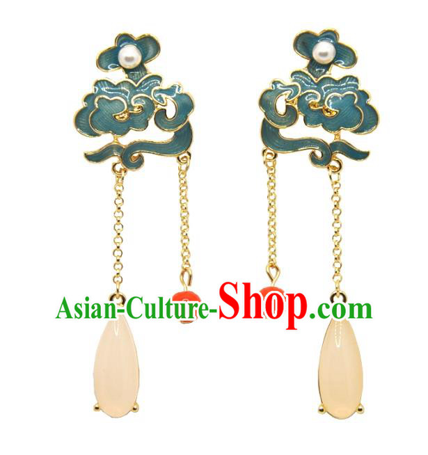 Chinese Traditional Qing Dynasty Palace Earrings Handmade Hanfu Jade Tassel Ear Accessories