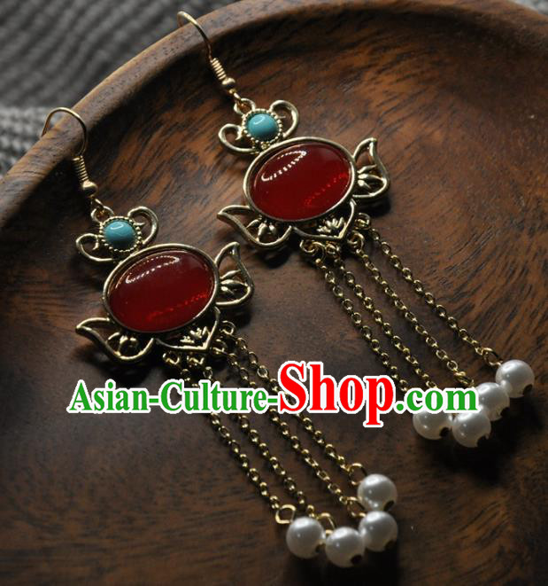 Chinese Traditional Hanfu Tassel Earrings Handmade Cheongsam Ruby Ear Accessories